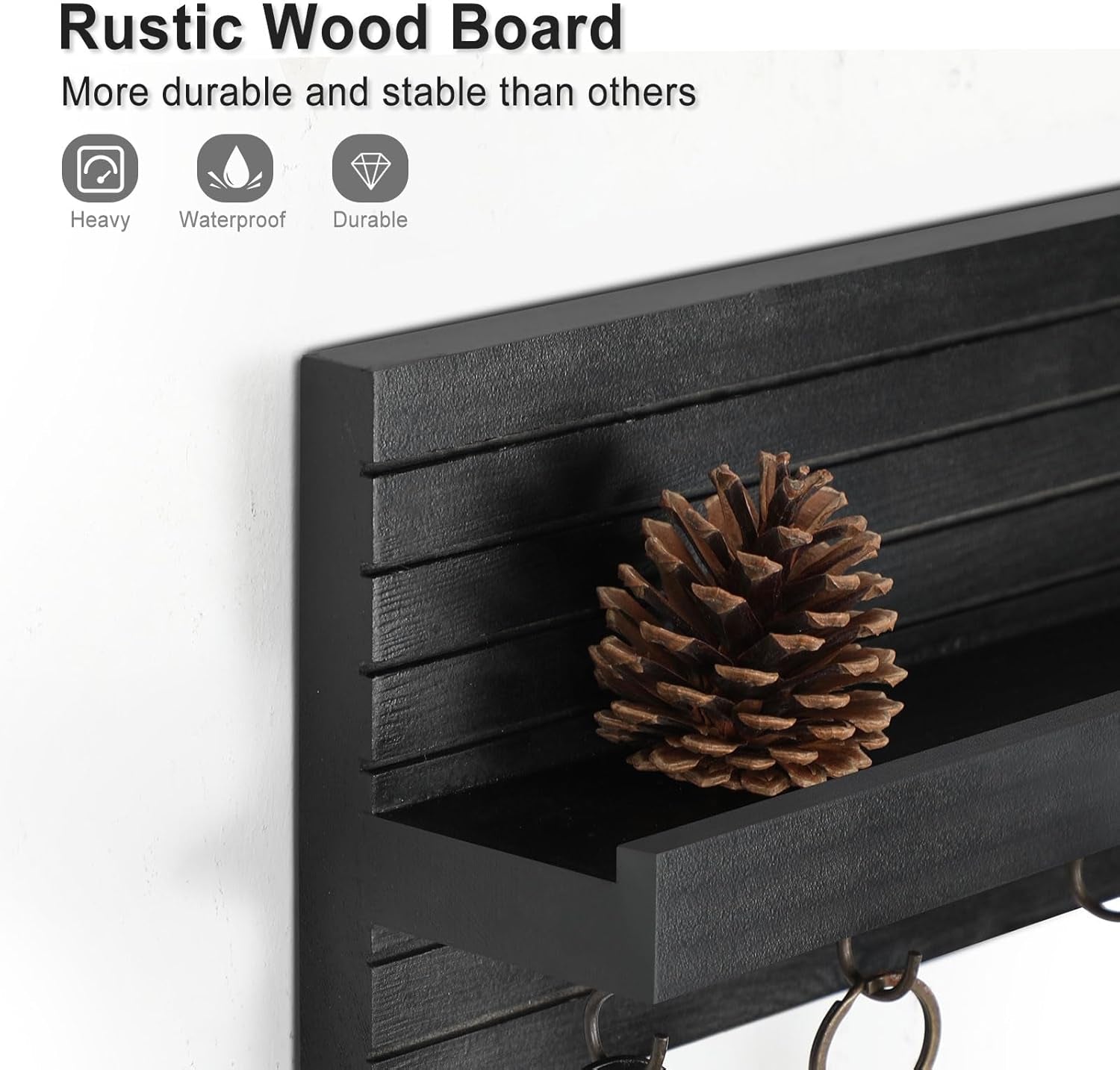Decorative Key Holder for Wall with Shelf, Entryway Shelf with Hooks Holds Leashes, Jackets and Glasses – Sturdy Wood Keyholder Entrance Hanger with Mounting Hardware (Black, Medium) - Lumora