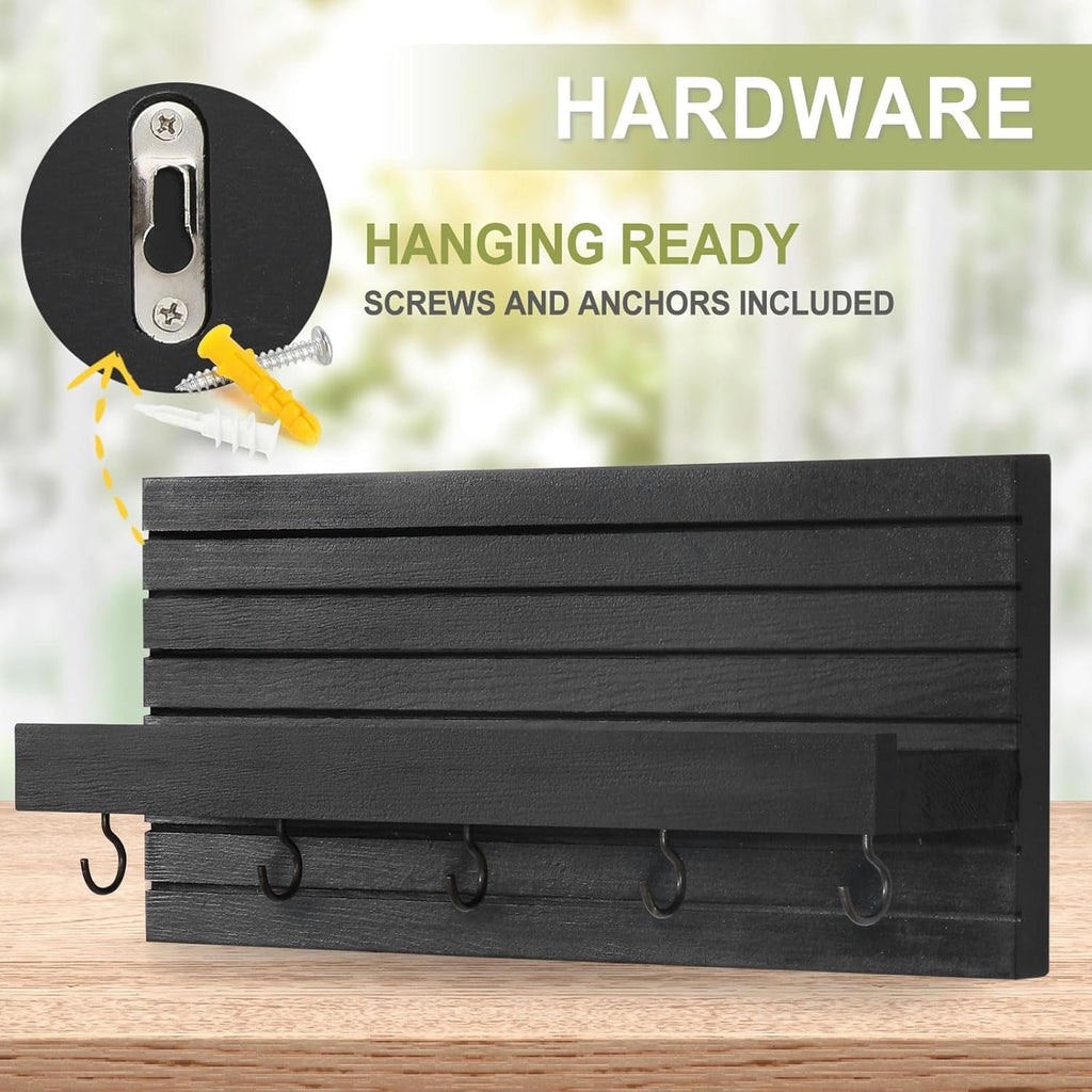 Decorative Key Holder for Wall with Shelf, Entryway Shelf with Hooks Holds Leashes, Jackets and Glasses – Sturdy Wood Keyholder Entrance Hanger with Mounting Hardware (Black, Medium) - Lumora
