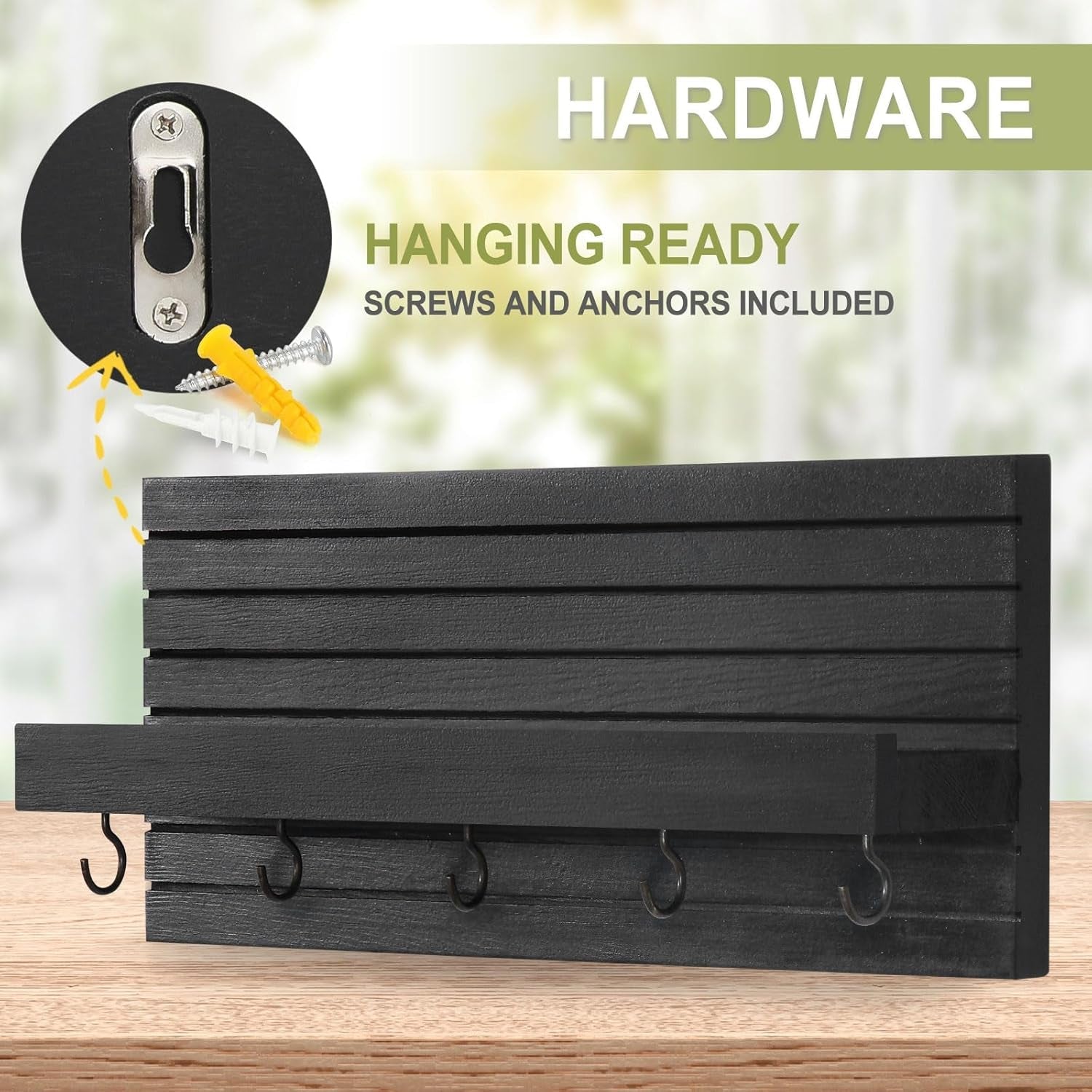 Decorative Key Holder for Wall with Shelf, Entryway Shelf with Hooks Holds Leashes, Jackets and Glasses – Sturdy Wood Keyholder Entrance Hanger with Mounting Hardware (Black, Medium) - Lumora