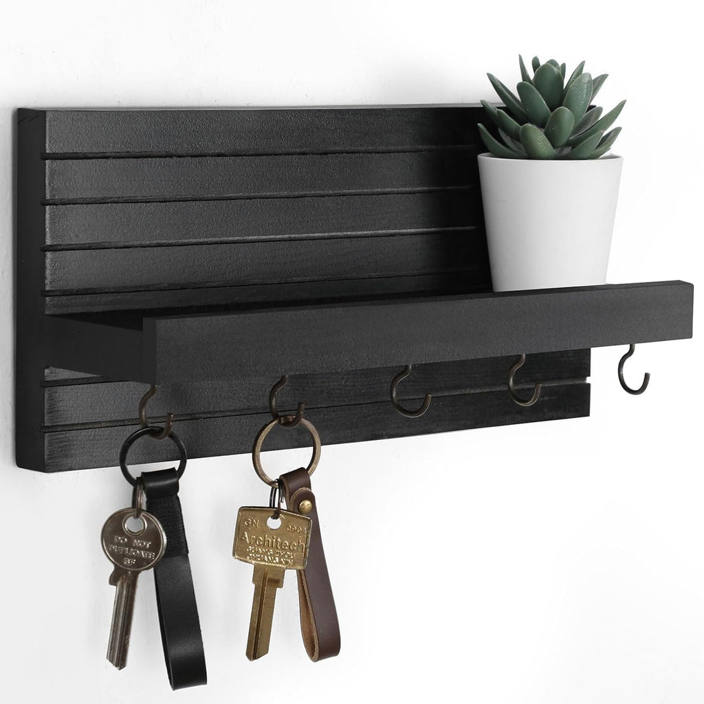 Decorative Key Holder for Wall with Shelf, Entryway Shelf with Hooks Holds Leashes, Jackets and Glasses – Sturdy Wood Keyholder Entrance Hanger with Mounting Hardware (Black, Medium) - Lumora