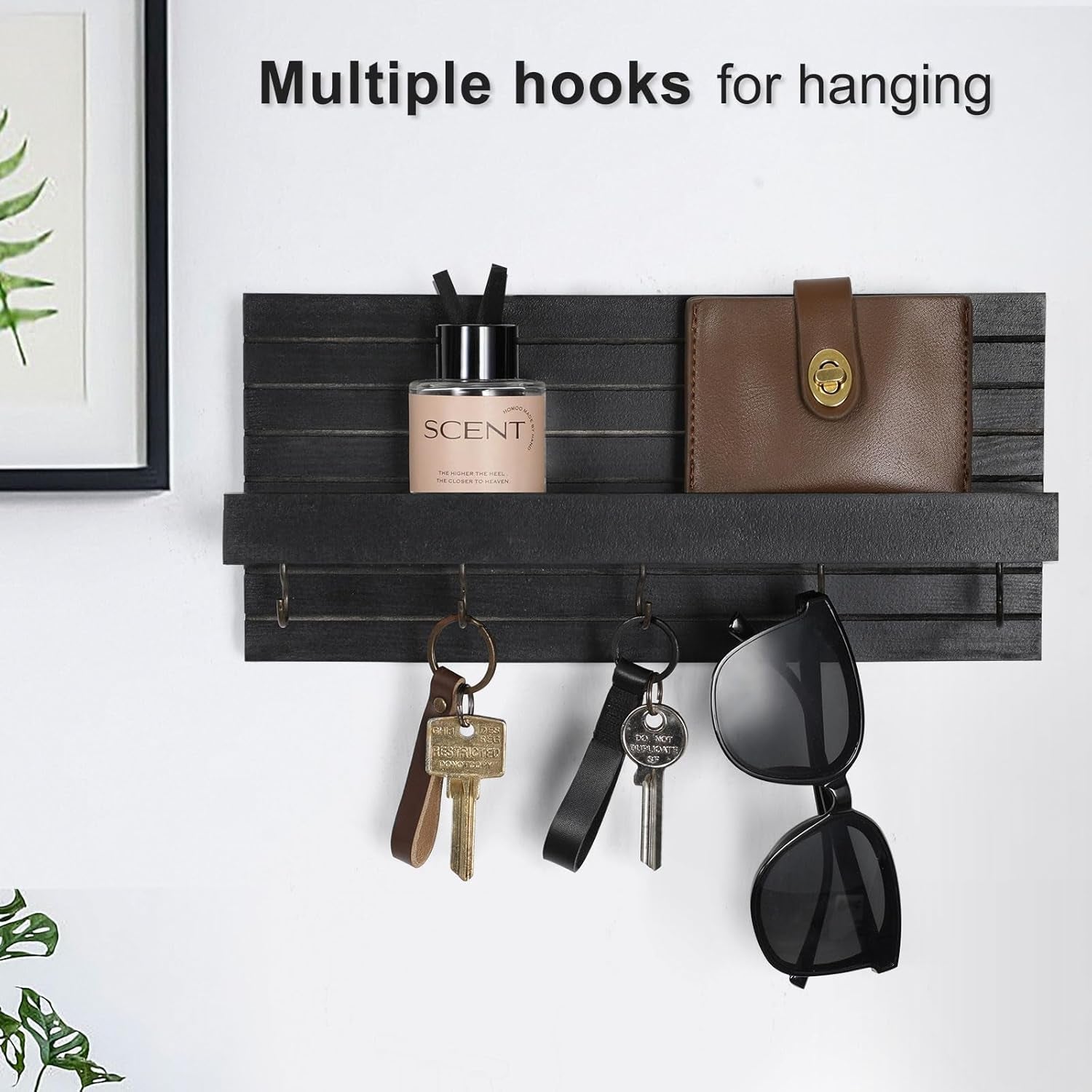 Decorative Key Holder for Wall with Shelf, Entryway Shelf with Hooks Holds Leashes, Jackets and Glasses – Sturdy Wood Keyholder Entrance Hanger with Mounting Hardware (Black, Medium) - Lumora