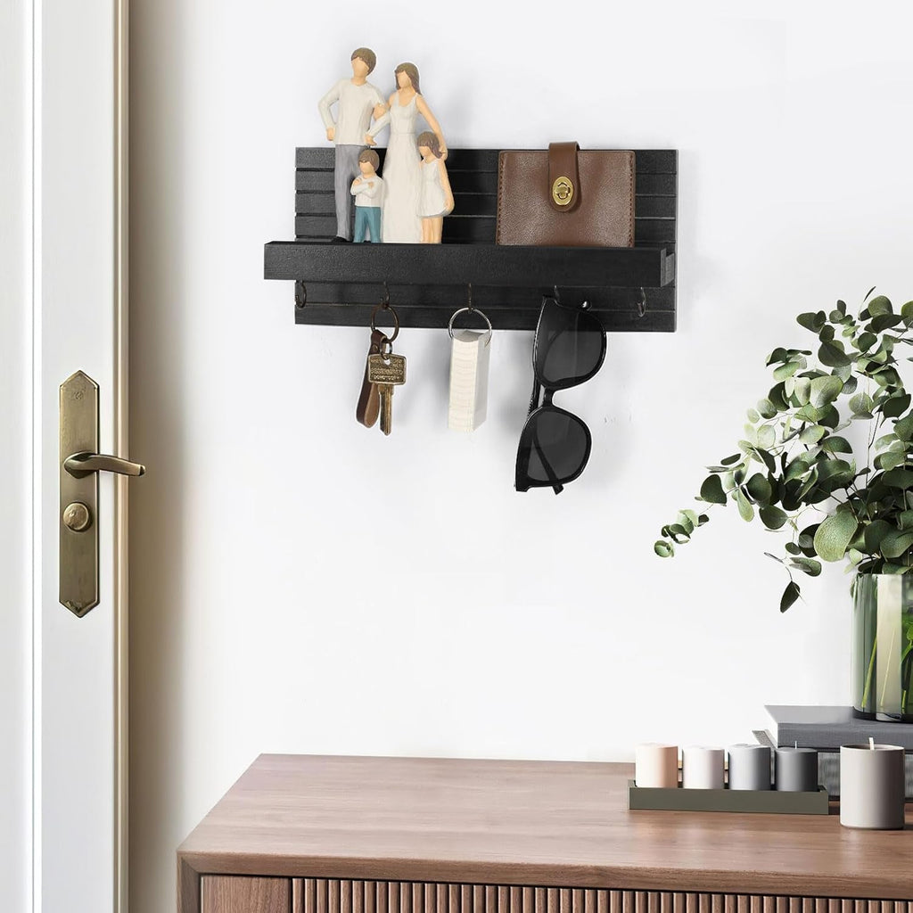 Decorative Key Holder for Wall with Shelf, Entryway Shelf with Hooks Holds Leashes, Jackets and Glasses – Sturdy Wood Keyholder Entrance Hanger with Mounting Hardware (Black, Medium) - Lumora