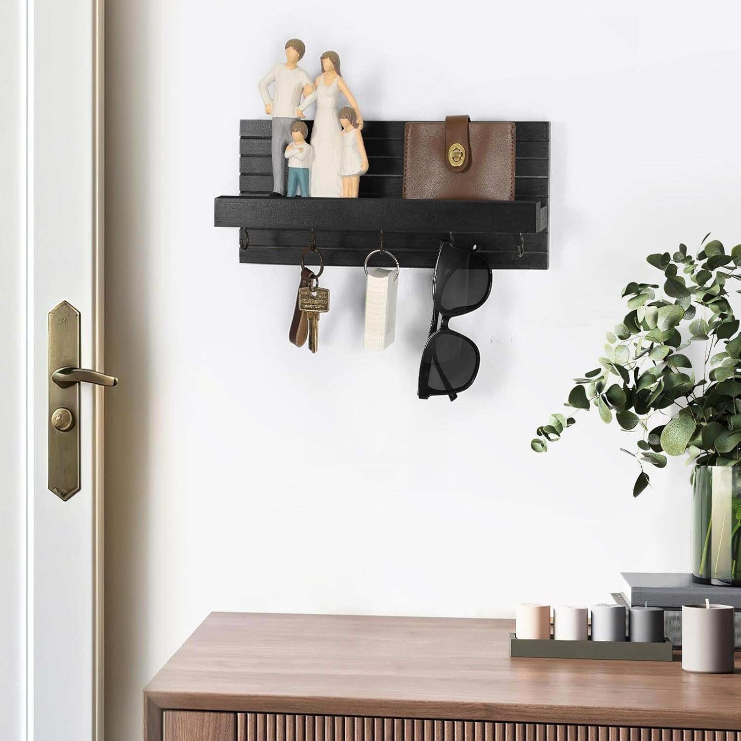 Decorative Key Holder for Wall with Shelf, Entryway Shelf with Hooks Holds Leashes, Jackets and Glasses – Sturdy Wood Keyholder Entrance Hanger with Mounting Hardware (Black, Medium) - Lumora