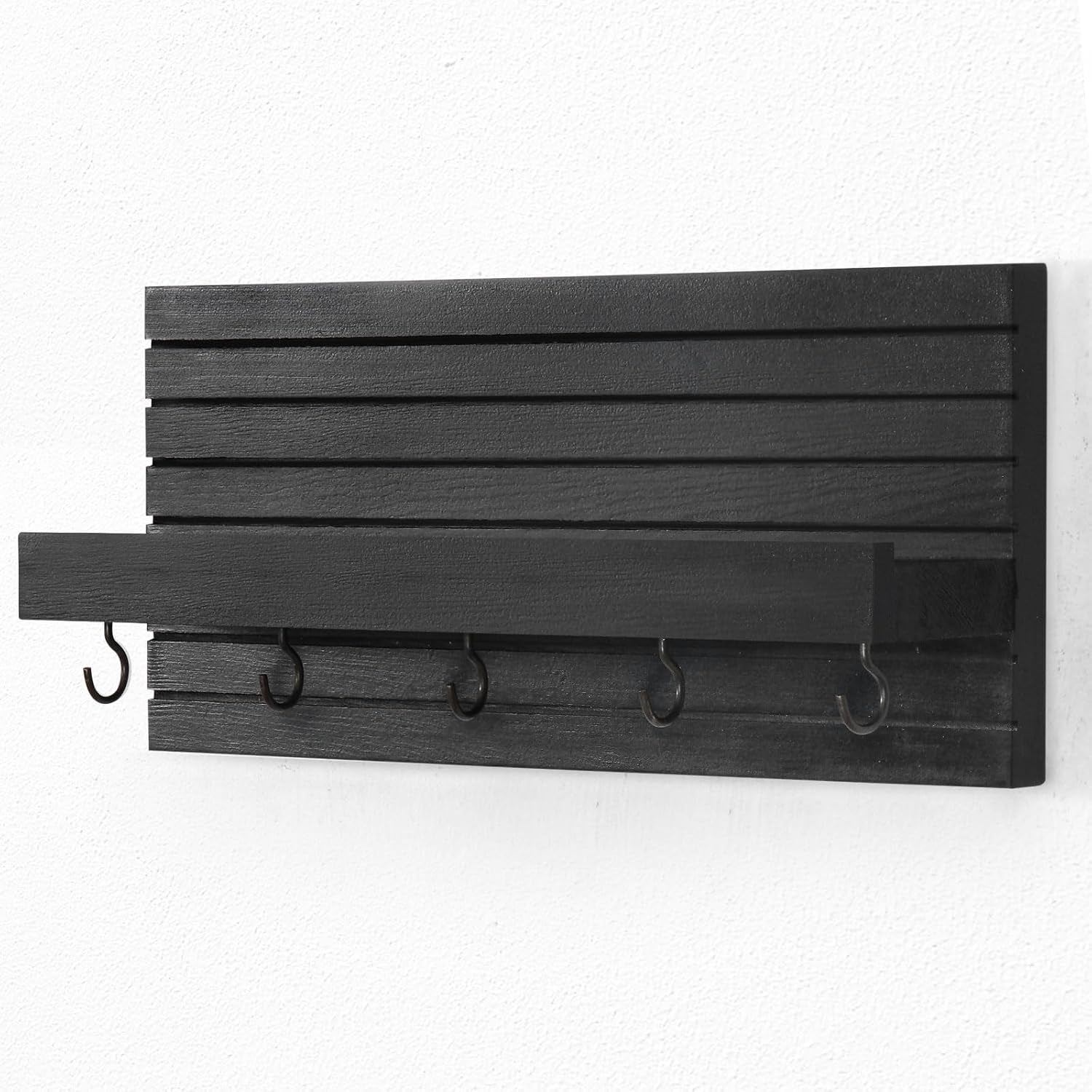 Decorative Key Holder for Wall with Shelf, Entryway Shelf with Hooks Holds Leashes, Jackets and Glasses – Sturdy Wood Keyholder Entrance Hanger with Mounting Hardware (Black, Medium) - Lumora