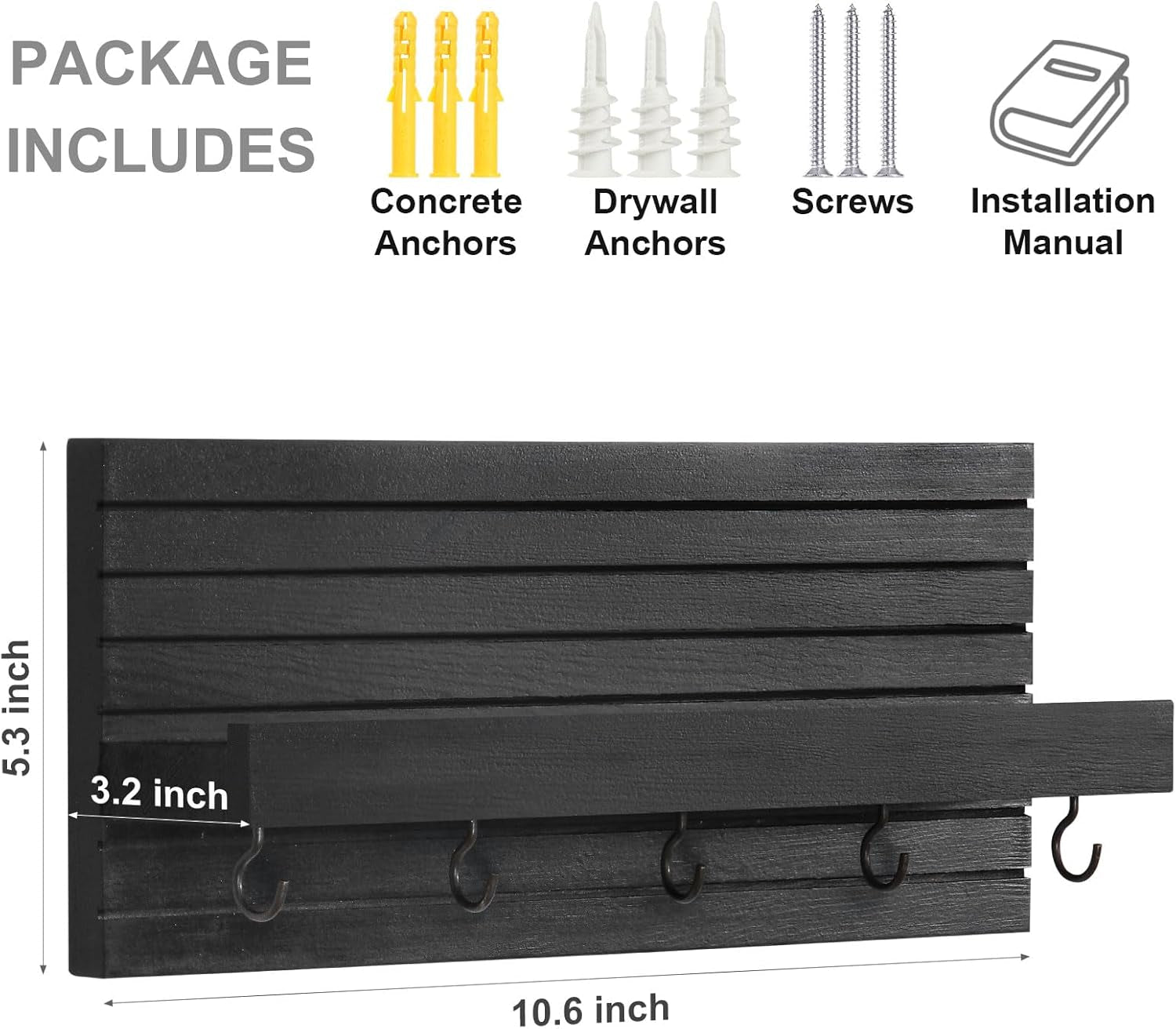 Decorative Key Holder for Wall with Shelf, Entryway Shelf with Hooks Holds Leashes, Jackets and Glasses – Sturdy Wood Keyholder Entrance Hanger with Mounting Hardware (Black, Medium) - Lumora