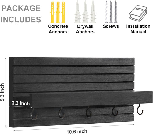 Decorative Key Holder for Wall with Shelf, Entryway Shelf with Hooks Holds Leashes, Jackets and Glasses – Sturdy Wood Keyholder Entrance Hanger with Mounting Hardware (Black, Medium) - Lumora